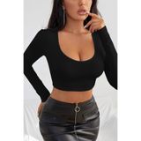 Beruflic Uzun Kol Kare Yaka Crop Top Bluz, S/M, IMD0305, Siyah, Kadın