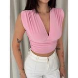 Beruflic Vatkalı Kolsuz V Yaka Drapeli Crop Bluz Likralı Fit - Pembe