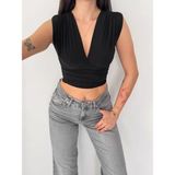 Beruflic Vatkalı Kolsuz V Yaka Drapeli Crop Bluz Likralı Fit - Siyah - M