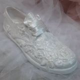 Berush Bride 901 Serisi Dolgu Topuk Fransız Dantel Gelinlik Ayakkabısı (Sedef)
