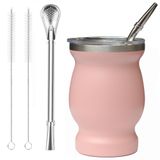 Beruth Bombilla Yerba Mate Gourd, 8 oz Paslanmaz Çelik Çay Bardağı Seti, Çok Fonksiyonlu Kapaklı, İki Pipetli ve Temizleme Fırçalı, Çift Duvarlı Kahve Kupası Isı Yalıtımı, Haşlanma Önleyici (Şeftali