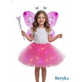 Beryka 2-10 Yaş Kız Çocuk LED Işıklı Kelebek Kanat Peri Kostüm Seti Kabarık Tütü Etek (Fuşya, 8 Yaş)