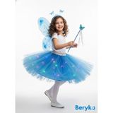 Beryka 2-10 Yaş Kız Çocuk LED Işıklı Kelebek Kanat Peri Kostüm Seti Kabarık Tütü Etek (Mavi, 2 Yaş)