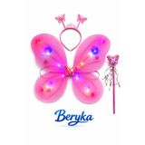 Beryka LED Işıklı Pembe Kelebek Kanat Taç Asa Seti Kız Çocuk Peri Kostümü Doğum Günü Parti Kostümü