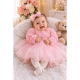 BES TREND KIZ BEBEK ELBİSE GÜL DESENLİ PEMBE FİYONK LU ŞIK ÖZEL GÜN ABİYE PAMUK