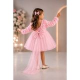 Bes Trend Kız Çocuk Elbise Gül Detay Lı Kuyruklu Fiyonk Party Doğum Günü Elbise Pamuklu 1-7 Yaş - Açık Pembe - 5 Yaş
