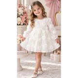 Bes Trend Kız Çocuk Kız Bebek Elbise Party Doğum Günü Özel Gün Pamuklu 3D Boyutlu Gül Detaylı Tüllü Astarlı Çocuk Abiye - Beyaz - 2 Yaş