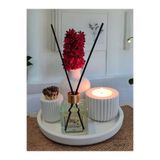 BESAGU HOME DEKORATİF MUM VE VAZO SETİ - VAZO+ODA KOKUSU+TEALİGHT MUMLUK VE MUM+KİBRİTLİK+YUVARLAK TEPSİ
