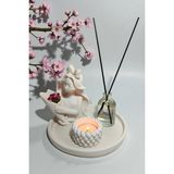 Besagu Home Dekoratif Vazo Seti - Buket Kız Vazo+Çiçek Kokulu Oda Kokusu+Tealight Mumluk ve Mum+Yuvarlak Tepsi - Beyaz