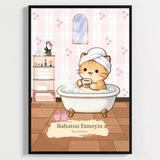 Besay Kahveli Kedi | Sevimli Kedili Tuvalet Duvar Sanatı | Havlulu Ve Kahveli Komik Hayvan Poster Tablo | A3 Tekli Çerçevesiz