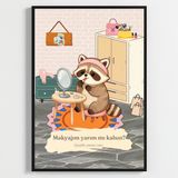 Besay Rujlu Rakun | Eğlenceli Banyo Ve Giyinme Odası Duvar Dekorasyonu | Aynada Makyaj Yapan Komik Hayvan Poster Tablo | A3 Tek