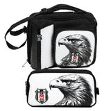 Beşiktaş Kartal Baskılı Beyaz - Siyah Erkek Çocuk Okul Beslenme Çantası ve Kalemlik Seti - SETBJK26363