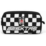 Beşiktaş Lisanslı Bjk Kare Desenli Kalem Çantası – Çift Bölmeli Su Geçirmez Kumaş Kalemlik - Siyah