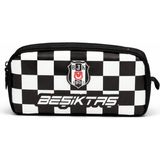 Beşiktaş Lisanslı Çift Bölmeli Dama Desenli Kalemlik - Rubber Logolu Su Itici Kumaşlı Kalem Çantası - Siyah