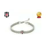 Besiktas Logolu Hasır Desenli Paslanmaz Çelik Ayarlanabilir Zincir Unisex Bileklik Gri