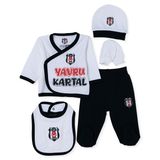 Beşiktaş Unisex 5li Bebek Hastane Çıkışı Seti Lisans Baskılı Çıtçıtlı Zarf Yaka Uzun Kol Patikli - Beyaz