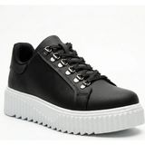 Beskar Siyah Çengel Detaylı Suni Deri Unisex Sneaker - Konforlu Yürüyüş Günlük Spor Ayakkabı BA0505 - Siyah - Beyaz
