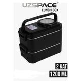 Beslenme Kutusu Paslanmaz Çelik - 1200 ml Sos Kaseli 2 Katlı Çatal Kaşık Hediyeli (Siyah)