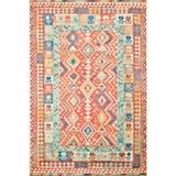 Bespoky 80x500 cm Kırmızı Etnik Geometrik Bohem Geometrik şekiller Yıkanabilir Halı | Mutfak Yolluk Halısı | Leke Tutmayan, Kaymaz | CLARİS-1513 - 80 x 500 cm