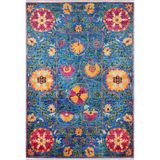 BESPOKY Sarapul Mavi Çiçek, Pamuk Polyester Parça Halı, Makinede Yıkanabilir Halı, Kaymaz Halı, Oturma Odası, Yatak Odası, Kreş, Koridor, Kilim, Kapalı Açık Alan Halısı, Türk Halısı, Tatil Satılık