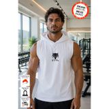 BESSA Beyaz Bozkurt Türk Kabartma Baskılı Standart Kalıp Kapüşonlu Sporcu Atleti Pamuklu Kumaş Kolsuz Erkek Atlet Tshirt