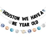 Bessmoso Dış Uzay İlk Doğum Günü Afişi Houston Bir Yaşında Parti Süslemeleri Var Roket Astronot Güneş Sistemi Gezegen 1. Kutlama Partisi Güneşin Etrafında İlk Gezi Asılı Malzemeleri