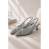 Best Cover ALIX Kadın Gümüş Hasır Dokulu Sivri Burun Kadeh Topuklu Slingback Ayakkabı