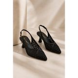 Best Cover ALIX Kadın Siyah Hasır Dokulu Sivri Burun Kadeh Topuklu Slingback Ayakkabı