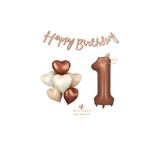 Best Happy Bıthday Yazılı Kahverengi Renk Rakam ve Kalpli Folyo Balon Seti Yaş 1