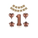 Best İyiki Doğdun Yazılı Kahverengi Renk Rakam Kalp ve Yıldız Folyo Balon Seti Yaş 1