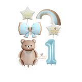 Best Mavi Renk Fiyonk Rakam Gökkuşağı Yıldız ve Karamel Renk Ayıcıklı Folyo Balon Seti Yaş 1