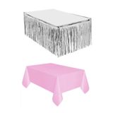 BEST PARTİ DOĞUM GÜNÜ PARTİ SÜSLERİ Gümüş Metalize Masa Eteği Plastik Pembe Masa Örtüsü