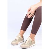 Bestello Bağcıklı Fileli Termo Taban Hakiki Deri Sneaker 338-7091 Kadın Ayakkabı - Bej