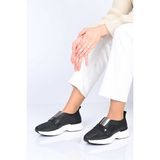 Bestello Bağcıksız Lastikli Zımba Detaylı Termo Taban Hakiki Deri Sneaker 338-7084 Kadın Ayakkabı - Siyah