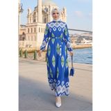Bestenur Alera Desenli Viskon Elbise 1720 - Mavi