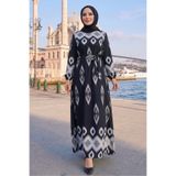 Bestenur Alera Desenli Viskon Elbise 1720 - Siyah