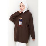 Bestenur Asiya Oversize Ayı Nakışlı Kapüşonlu Tunik 1335 - Kahve