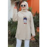 Bestenur Asiya Oversize Ayı Nakışlı Kapüşonlu Tunik 1335 - Taş