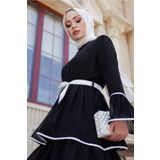 Bestenur Kat Kat Kuşaklı Uzun Şifon Elbise 155 - Siyah