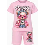 Bestie Siyah ve Pembe Renk Kız Çocuk Takım - Ayıcık Baskılı Tişört & Şort 2'li Set - 3 - 4 Yaş