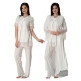 Bestin Kadın Ekru Hamile Lohusa Sabahlıklı Pijama Takımı 3'lü Set, M, DS5044EF-869DST0018232