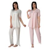 Bestin Kadın Ekru Kısa Kollu Hamile Lohusa Pijama Takımı, L, DT5032EFF-869DST0018361