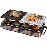 Bestron 2'si 1raclette Parti Izgarası: 8 Kişiye Kadar Elektrikli Raclette, Çizilmeye Dayanıklı Doğal Izgara Taşı ve Yapışmaz Kaplamalı Izgara Plakası, 8 Tava ve 8 Kazıyıcı, 1.400 Watt, Renk: Bakır - Siyah