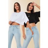 BESTTRENDY Kadın Siyah - Beyaz 2'li Oversize Crop T-shirt