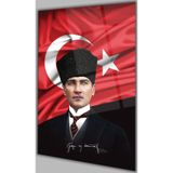 Beta Moda Hub Atatürk Portre Ve Türk Bayrağı Dikey Cam Tablo Modern Duvar Dekoru Kurum Ofis İş Hediyelik Tablo