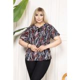 Beta Moda Hub Kadın Desenli Püsküllü Viskon Bluz Bebe Yaka Kısa Kollu Big Size Kesim - Desenli