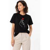 Beta Moda Hub Kadın Kore Parmak Kalp Aşk Temalı Minimal Baskılı Tişört Yazlık Kısa Kol T-Shirt - Siyah - XL