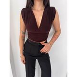 Beta Moda Hub Kadın Vatkalı Kolsuz V Yaka Drapeli Crop Bluz Likralı Fit - Kahverengi - XS