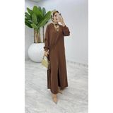 BETES Kadın Tesettür Kahverengi Krep Kumaş Ahum Model İkili Takım Pantolon Tunik