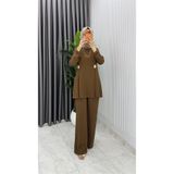 BETES Kadın Tesettür Kahverengi Tunik Pantolon İkili Takım Elbise